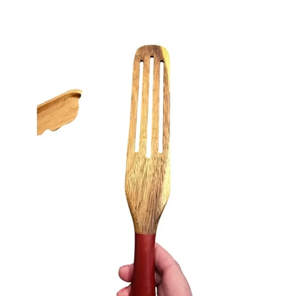 Mad Hungry Acacia Wood Kitchen Set Slotted Spurtles Holder Red‎ Handles 7 Piece